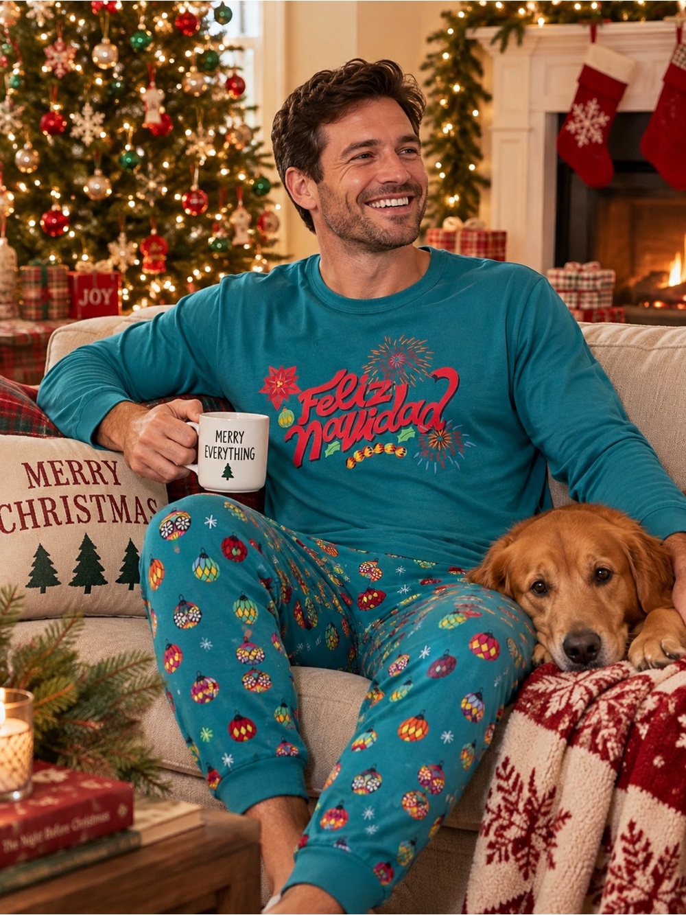 Men’s Christmas Pajama 3 Piece Set Feliz Navidad M Top + M/L Pants